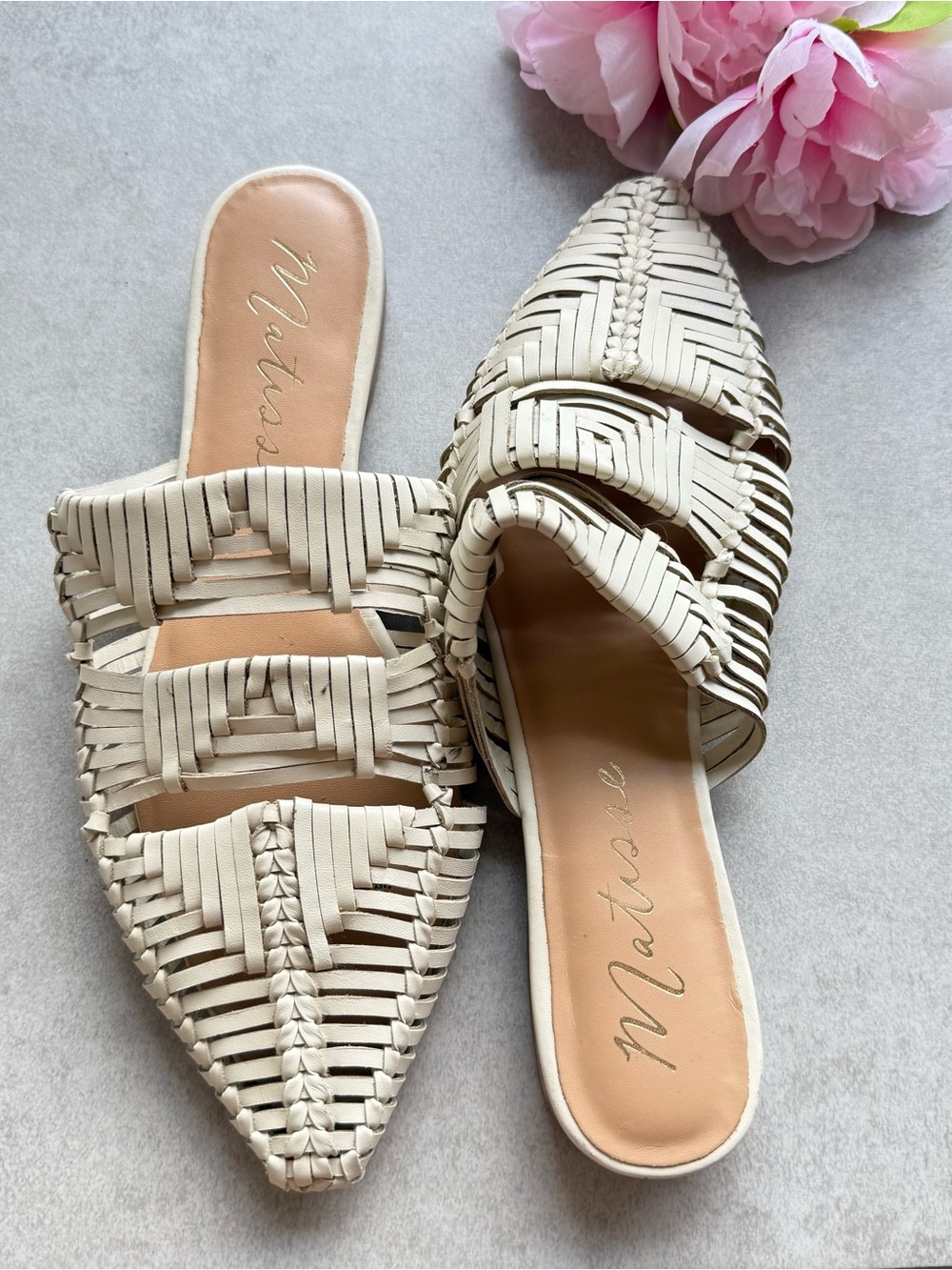 Matisse Cream Woven Pointed Toe Slide Sandals SZ 7 loafers pointed leather flat